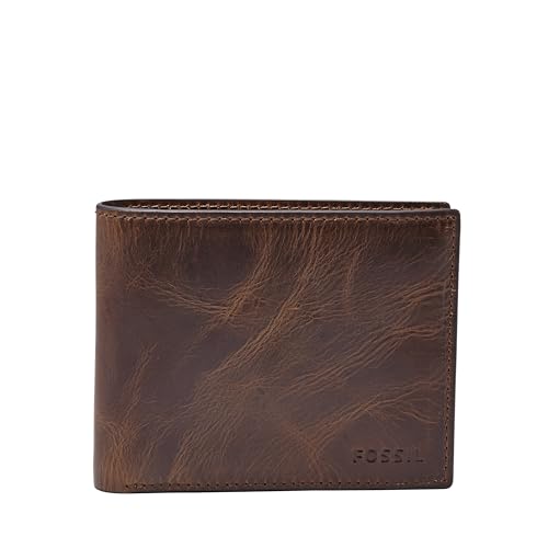 Fossil Men's Derrick Leather RFID-Blocking Bifold with Flip ID Wallet, Dark Brown, (Model: ML3681201)