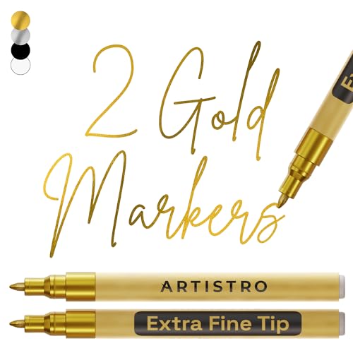 ARTISTRO 2 Gold Acrylic Paint Pens for Rock Ceramic Wood Glass Metal Fabric Plastic - 0.7mm Metallic Paint Markers Ideal for Scrapbooking DIY Crafts Art Projects