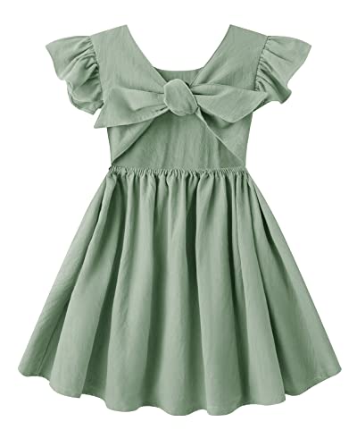 LYXIOF Toddler Baby Girl Cotton Linen Summer Dress Ruffle Sleeve Back Bowknot Kids Beach Dresses Green 110CM