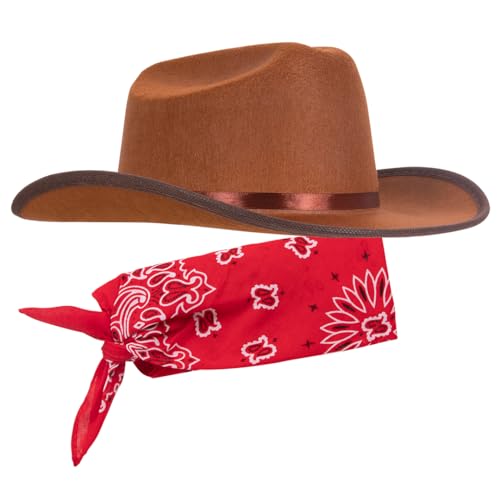 Narwhal Novelties Junior Brown Cowboy Hat with Red Bandana Set - Kids Western Wear with Felt Cowboy Hat for Boys, Kids Cowboy Hats for Dress up Parties - Kids Cowgirl Hat