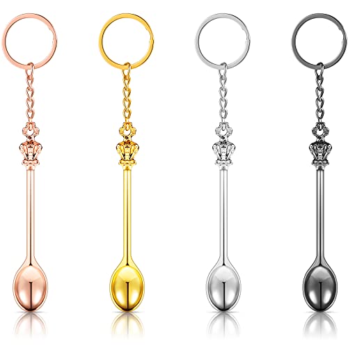 4 Pieces Mini Crown Spoon Keychain Teaspoon Pendant Necklace Key Ring Crown Teaspoon Spoon Keychain for Filling Vials (Gold, Silver, Rose Gold, Black)
