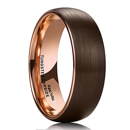 King Will DUO 8mm Dome Mens Brown Tungsten Carbide Wedding Band Ring Rose Gold Inside Comfort Fit 10