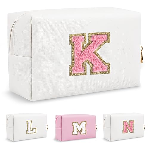 Personalized Small Preppy Makeup Bag, Chenille Letter White Initial Cosmetic Pouch Travel Toiletry Organizer, Waterproof PU Leather Makeup Storage Travel Essentials for Female Girl Teacher(Letter K)