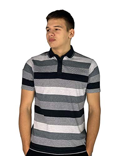 Pierre Cardin Mens Engineered Stripe Polo with Signature Embroidery (Medium, Black/Charcoal/Grey)