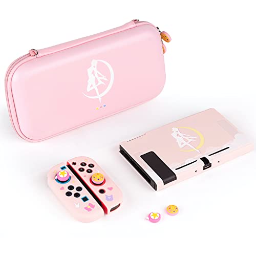 BelugaDesign Moon Switch Bundle | Kawaii Cute Pink White Pastel Anime Carry Case Shell Cover Thumb Grips for Girls | Compatible with Nintendo Switch Standard