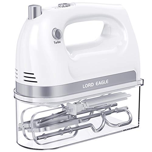 Lord Eagle Hand Mixer Electric, 400W Power handheld Mixer for Baking Cake Egg Cream Food Beater, Turbo Boost/Self-Control Speed + 5 Speed + Eject Button + 5 Stainless Steel Accessories (White)