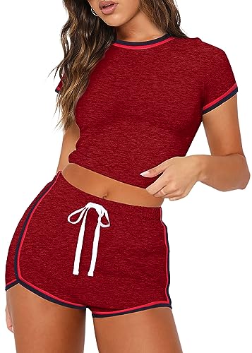 WIHOLL Sexy Two Piece Outfits for Women Crop Top and Booty Shorts Set Red XL