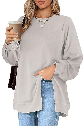 WIHOLL Oversized Sweatshirt for Women Crewneck Solid Color Puff Sleeve Tops Gray 2XL