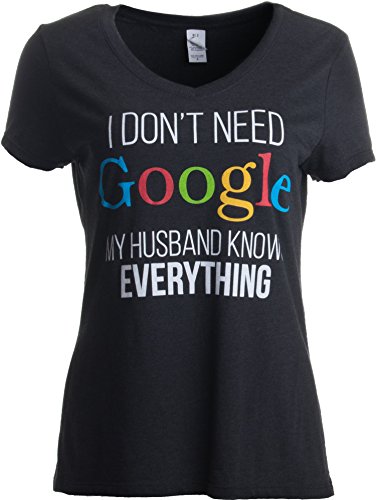 Ann Arbor T-shirt Co. My Husband Knows Everything | Wife Women's V-Neck T-Shirt-(Vneck,L) Heather Black