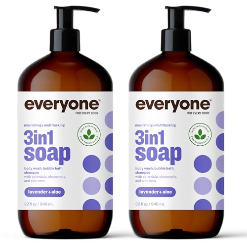 Everyone 3-in-1 Soap, Body Wash, Bubble Bath, Shampoo, 32 Ounce (Pack of 2), Lavender and Aloe, Coconut Cleanser with Plant Extracts and Pure Essential Oils