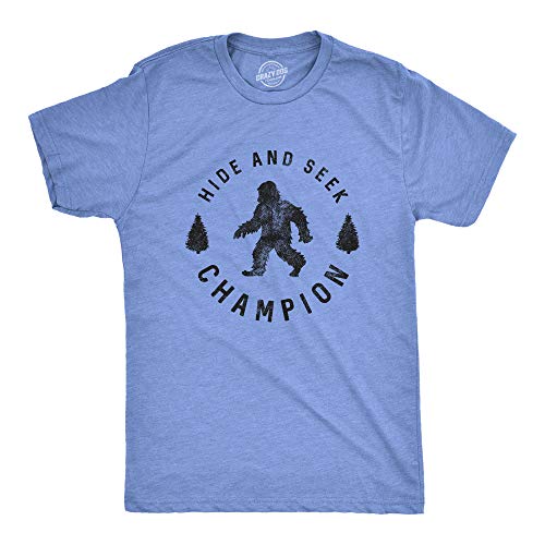 Crazy Dog Men T Shirt Hide and Seek Champion Funny Sasquatch Campfire Story Legend Shirt Bigfoot Tee Humor Witty Graphic Print Heather Light Blue L