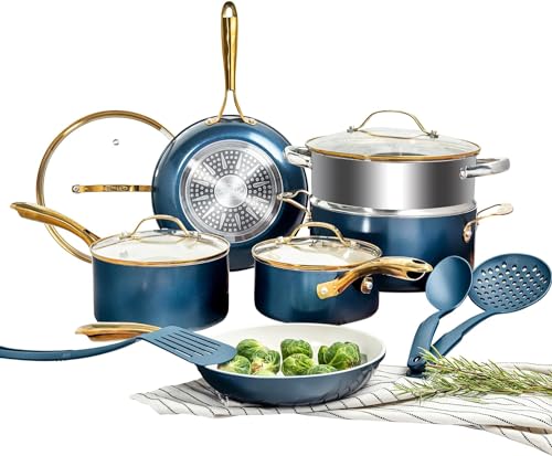 GOTHAM STEEL 15 Pc Ceramic Pots and Pans Set Non Stick, Kitchen Cookware Sets, Pot and Pan Set, Ceramic Cookware Set, Non Toxic Cookware Set, Non Stick Pots and Pan Set, Dishwasher Safe - Navy