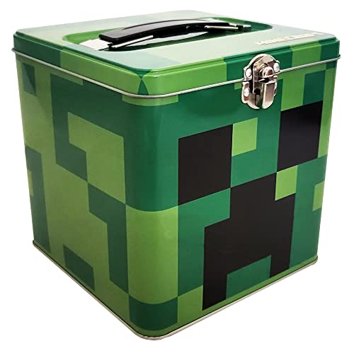 The Tin Box Company Minecraft Stack Store and Carry Tin. Stackable Tin Box with Handle,Green, Storage Box, 5.75' Height, Clasp and Hinge on Lid