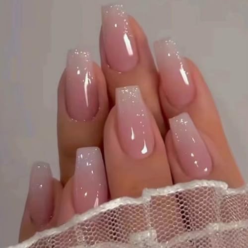 Hkanlre Bling Coffin Press on Nails Fake Nails Tips Full Cover Medium False Gradient Nails for Women and Girls 24PCS (Coffin pink)