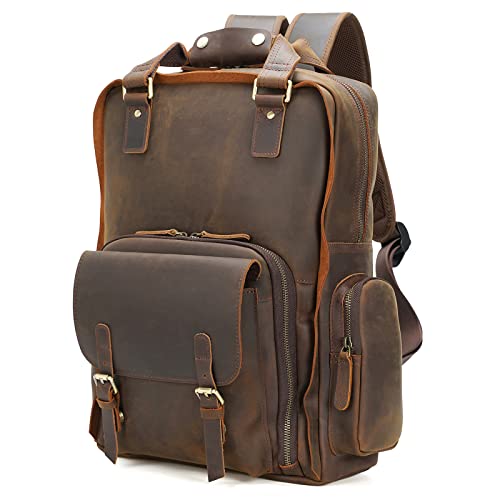 Polare Large Vintage Full Grain Italian Leather Backpack 15.6 Inch Laptop Bag Hiking Travel Rucksack for Men with Premium YKK Zippers Dark Brown