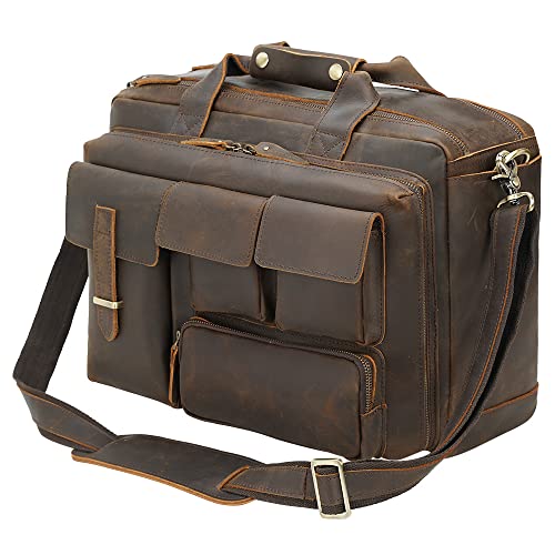 TIDING Full Grain Leather Briefcase For Men 17.3 Inch Laptop Case Multi Pockets Business Travel Messenger Bag