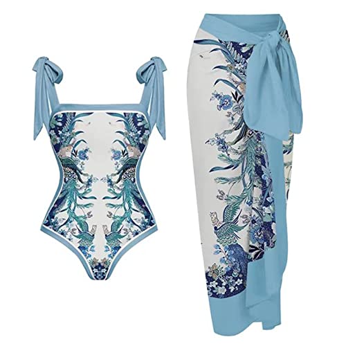 Deal of The Day Clearance Women's Abstract Print One Piece Swimsuit Tummy Control Lace up Monokini Bathing Suit with Beach Cover up Wrap Skirts trajes de ba?o para Mujer Light Blue