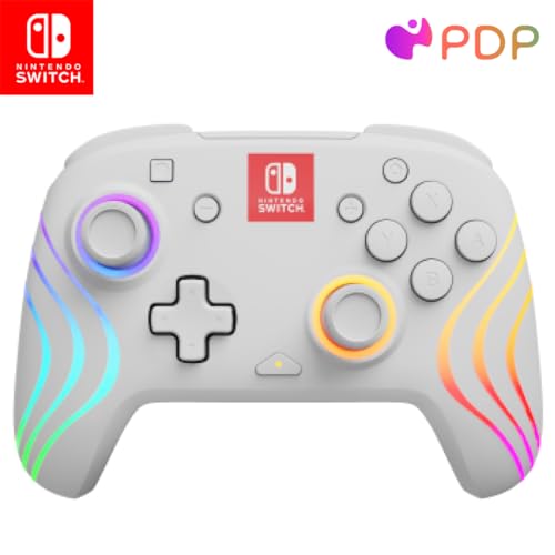 PDP Afterglow Wave Enhanced Wireless Nintendo Switch Pro Controller, 8 Colors RGB LED, Dual Programmable Gaming Buttons, 40 Hour Rechargeable Battery Power, 30 Foot Connection, Officially Licensed by Nintendo: White