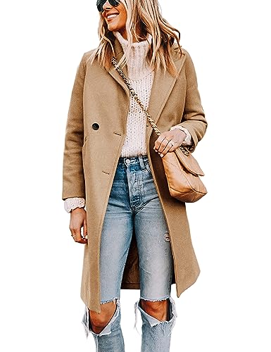 Tanming Women's Notch Lapel Double Breasted Wool Blend Mid Long Pea Trench Coat (Khaki-M)