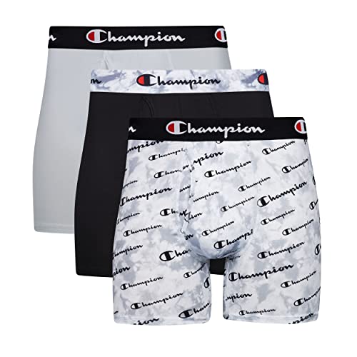 Champion Men's Underwear Boxer Briefs, Total Support Pouch, Assorted 3-Pack, Grey Print with Script Logo/New Ebony/Silverstone-3 Pack, Medium