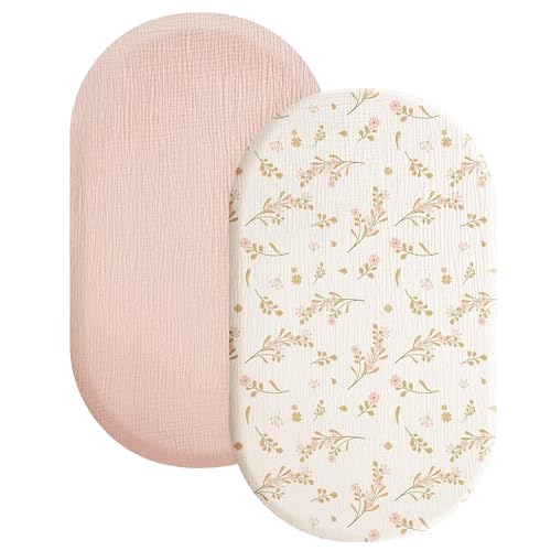 Konssy 2 Pack Muslin Fitted Bassinet Sheets for Baby Girl Boy, Soft Breathable Baby Bassinet Sheets Fit for Baby Bassinets, Cradle, Moses Basket Oval Rectangle Pad/Mattress (Pink, Floral)