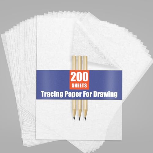Transfer Paper Tracing Paper for Drawing Trace Paper - PSLER 200 Sheets White Translucent Tracing Paper with 3Pcs Pencil on Artist Lettering Sketch Drawing for Pencil Ink Markers A4 Size 8.5 X 11 Inch