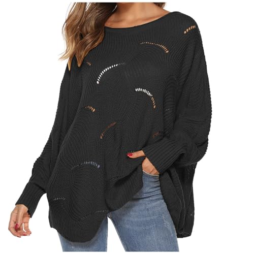 Sale clearances Today Deals Prime Womens Plus Size Boat Neck Long Sleeve Sweaters Fashion Hollow Irregular Knitted Pullover 2023 Fall Trendy Clothes Cable Knit Sweater Women Black M
