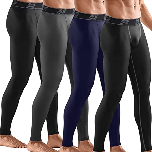 HOPLYNN 4 Pack Compression Pants Tights Leggings Men, Winter Baselayer for Running Workout Sports Yoga-2 Black 1 Grey 1 Blue-L