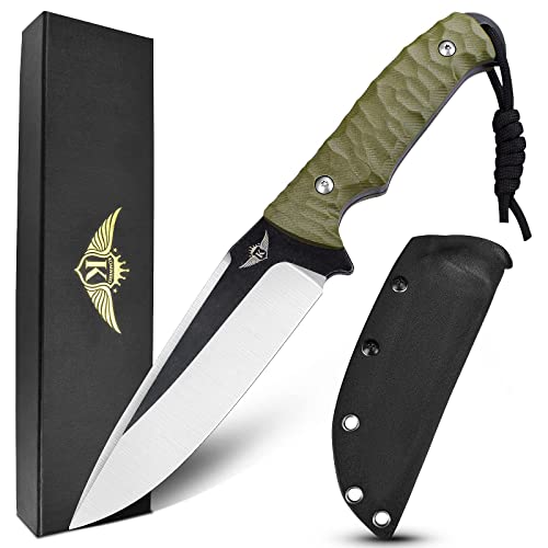 KOMWERO Outdoor Hunting Knife, 4.52 Inch Blade D2 Steel, Fixed Blade Knife with Kydex Sheath and Green G10 Handle, Full Tang Camping Knife for Survival Bushcraft Fishing Hiking