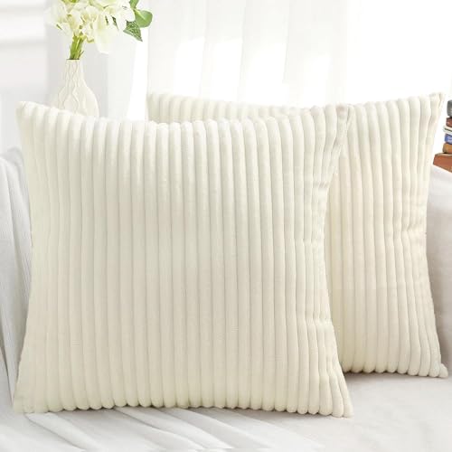 Simmore Decorative Throw Pillow Covers 18x18 Set of 2, Soft Plush Flannel Double-Sided Fluffy Couch Pillow Covers for Sofa Living Room Home Decor, Cream White