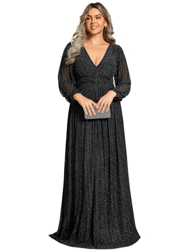 Ever-Pretty Women's Glitter Long Sleeves Pleated Floor Length Evening Formal Dresses Plus Size Black 18