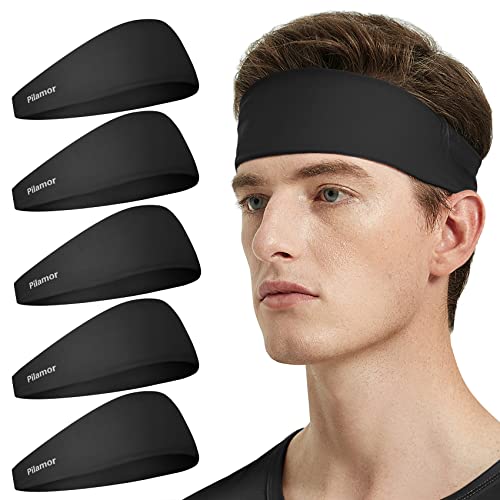 Pilamor Mens SweatBands(5pack), Headbands for Men and Women, Mens Headband for Running, Football, Yoga, Basketball,Thin and Absorbent Headbands (Black)