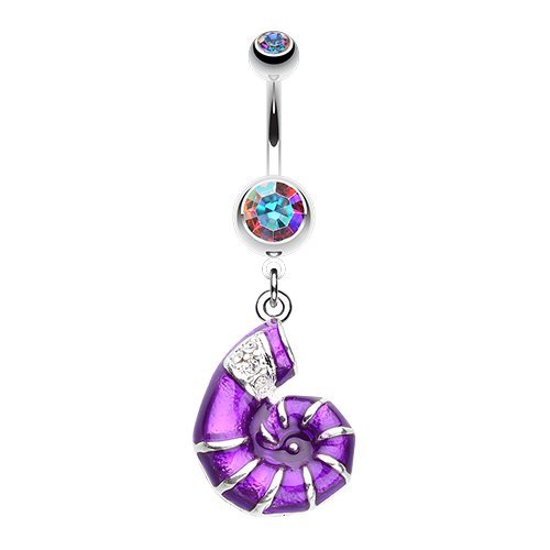 WildKlass Jewelry Vibrant Nautilus Seashell 316L Surgical Steel Belly Button Ring (Aurora Borealis/Purple)
