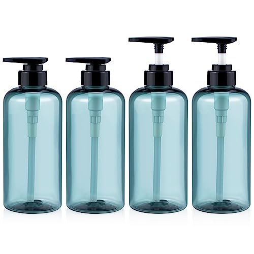 Plastic Shampoo Bottles with Pump, Kimqi 4 PCS Set 16 oz Refillable Shampoo and Conditioner Dispenser Containers, 500ml Large Empty Reusable Bathroom Shampoo Bottle for Shower Body Wash, Blue