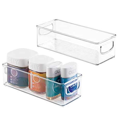 mDesign Small Plastic Bathroom Storage Container Bins with Handles for Organization in Closet, Cabinet, Vanity or Cupboard Shelf, Accessory Organizer for Hair Tools - Ligne Collection - 2 Pack - Clear
