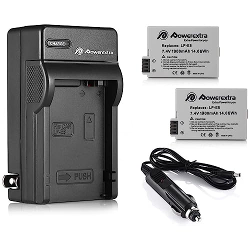 Powerextra LP-E8 Battery and Charger, 2-Pack 1900mAh LP E 8 Batteries for Canon EOS Rebel T3i T2i T4i T5i 600D 550D 650D 700D Kiss X5 X4 Kiss X6 LC-E8E DSLR Digital Camera