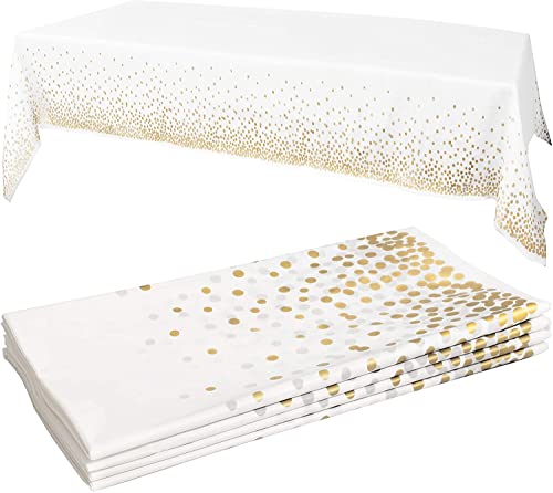 Prestee White/Gold Tablecloths, 4pk, 54'x108' - Gold Dot Disposable Tablecloths - Plastic Table Cloth Disposable - White Tablecloths - Party, Wedding, Baptism Decorations, Engagement Party Decorations