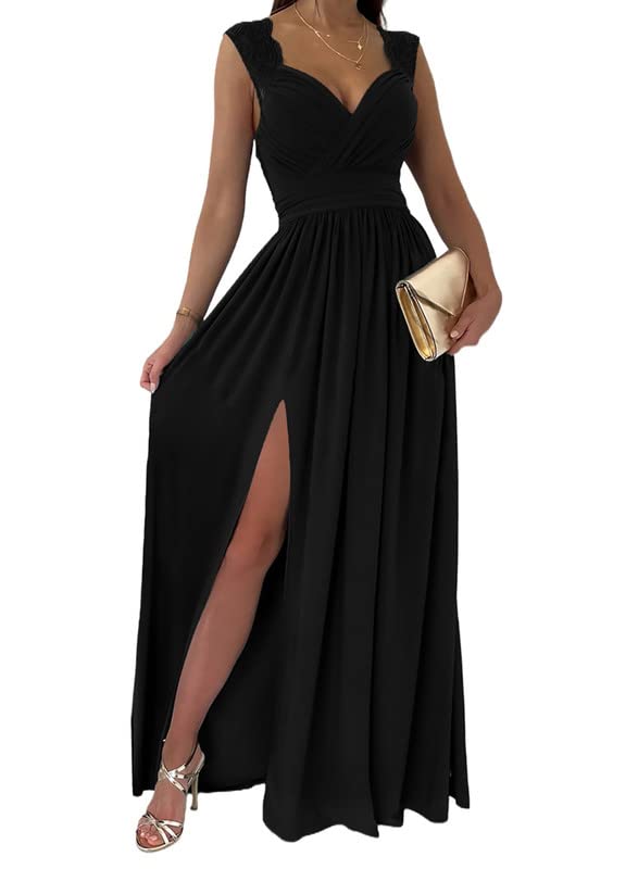 Dokotoo Womens Ladies Elegant Floor Length A Line Wrap Deep V Neck Backless Ruched Pleated Ruffled Split Long Maxi Formal Evening Party Prom Bridesmaid Wedding Guest Dresses Black XL