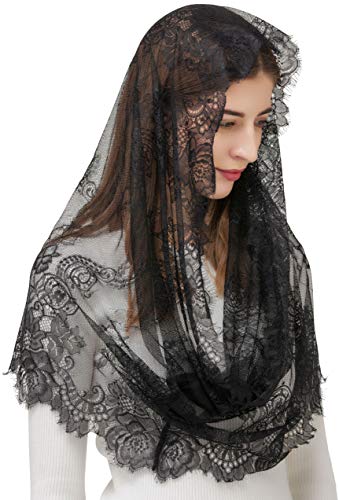 PAMOR Spanish Style Lace Traditional Vintage Inspired Infinity Shape Mantilla Veil Latin Mass Head Covering (Black)