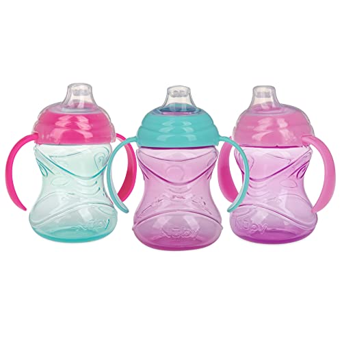 Nuby 3 Piece No-Spill Grip N’ Sip Cup with Silicone Soft Flex Spout, 2 Handle with Clik It Lock Feature, Girl,10 Ounce