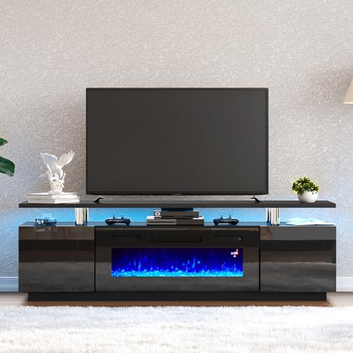 AMERLIFE Fireplace TV Stand with 36' Fireplace, 70' Modern High Gloss Fireplace Entertainment Center LED Lights, 2 Tier TV Console Cabinet for TVs Up to 80', Obsidian Black