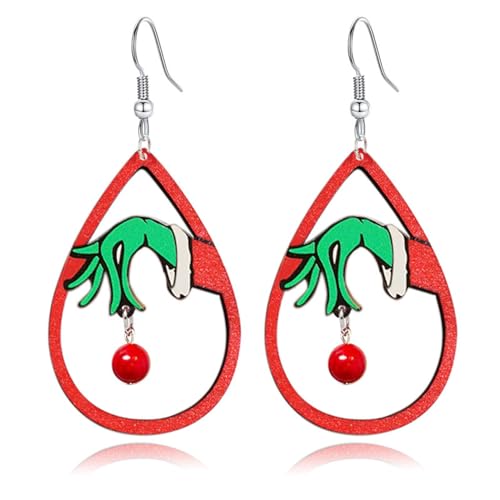 WCRAZYE Christmas Wood Earrings for Women Handmade Wooden Teardrop Dangle Earrings Christmas Xmas New Year Party Earrings Set Winter Holiday Jewelry Gift (Red)