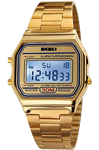 PASOY Men's Digital Gold Stainless Steel Watch Backlit Multifunction Stopwatch Waterproof Sport Watches Reloj (Gold)