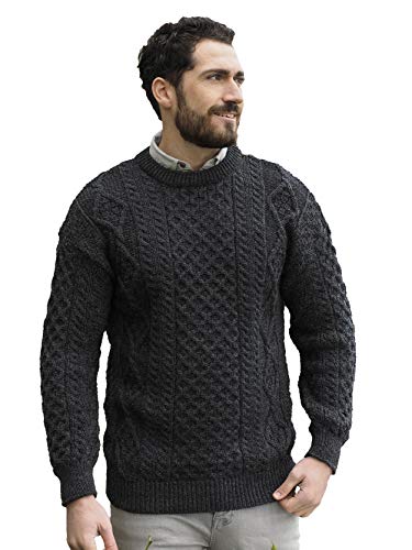 Aran Crafts Irish Soft Cable Knitted Wool Crew Neck Unisex Sweater (C1347-XL-CHAR) Charcoal