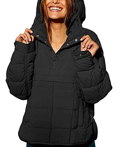 chouyatou Women's Quilted Pullover Puffer Jacket Packable Hooded Oversize Winter Coat Tops (Medium, Black)