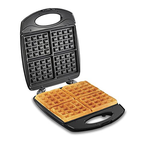 Hamilton Beach Non-Stick Belgian Waffle Maker with Indicator Lights, Makes 4 4' x 5' Mini Waffles, Hashbrowns or Keto Chaffles at Once, Compact Design for Easy Storage, Black & Stainless Steel (26020)