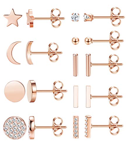 FIBO STEEL 9 Pairs Stainless Steel Star Moon Stud Earrings for Women Cute Bar CZ Stud Earring Set (B: Rose Gold)