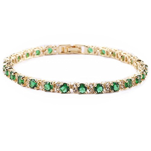 RIZILIA Eternity Tennis Bracelet & Round Cut CZ Simulated Green Emerald in Yellow Gold Plated, 7'