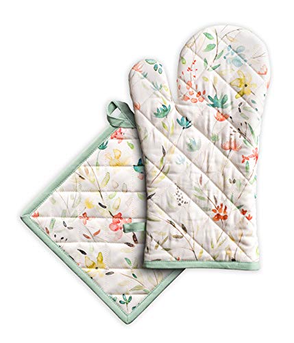 Maison d' Hermine Oven Mitt & Pot Holder 100% Cotton Easter Heat Resistant Oven Gloves (7.5'x13') & Hot Pads (8'x8') Combo for BBQ, Cooking, Chef, Wedding & Restaurants, Colmar - Spring/Summer