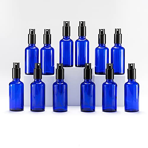 Yizhao Blue Glass Spray Bottles 2oz, with Small Fine Mist Spray, Metal Cap, Refillable for Essential Oil,Travel,Cleaning,Perfume,Aromatherapy,Makeup – 12 Pcs